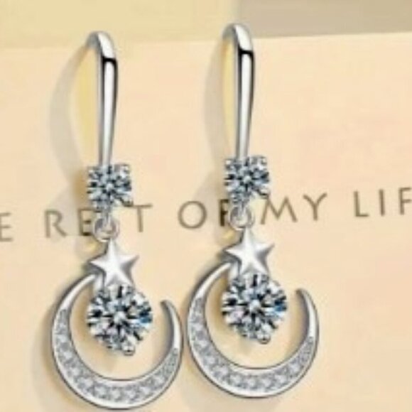 Pink Moon & Star Drop Pendant Earrings Inlaid Zircon Hypoallergenic, Nickle free - Picture 1 of 4